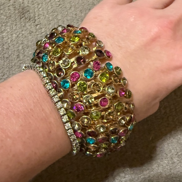 Gold Tone Multicolor Crystal Stretch Bracelet Statement Jewelry One Size - Picture 4 of 7